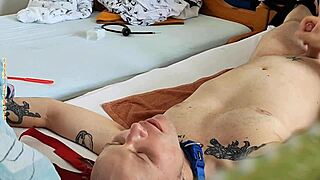 The couple bound the twink tightly, then indulged in rimjob and spanking fun.