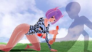 3d hentai babe with big tits and ass in fishnet gives blowjob