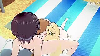 danganronpa - chihiro fujisaki and hiyoko saionji having fun on a beach