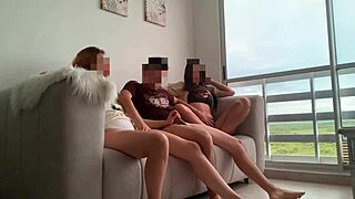 Stepsister brings boyfriend home for movie night, ends up in wild threesome ride.