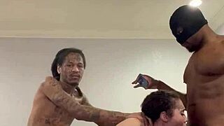 They ran a train on me, tattooed group handjob with big cocks.