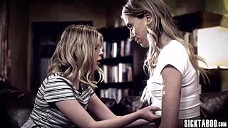 Teen lesbian chicks Haley Reed and Coco Lovelock suck guy's big hard dick