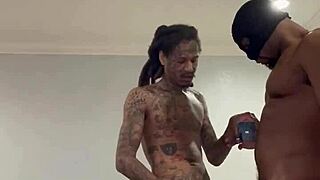 They ran a train on me, tattooed group handjob with big cocks.