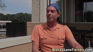 gay black guy jizzing on his big cock after interracial group fun