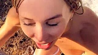 Hey, Wanna See This Blonde in Fishnets Get Ass-to-Mouth Creampied in Woods?