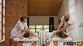 Daddy4k seduces son’s girlfriend with lustful massage and raw action.