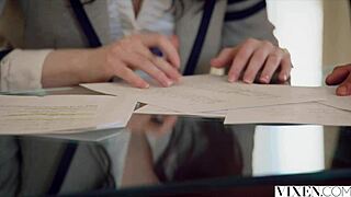 Vixenplus hot student fucks teacher with blowjob and cowgirl. Brunette babe in skirt swallows cum