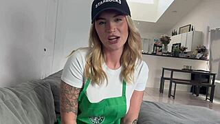 Tattooed Barista Babe With Big Tits And Ass Cheats On Boyfriend At Work, Spreading For POV Gay Sex.