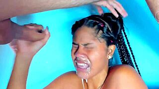 The brunette demonstrates a sloppy deep throat technique.