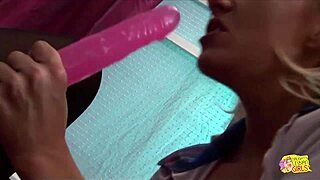 Blonde in Red Stockings Moans as Brunette Licks Pussy and Asshole