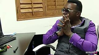 Wow! Shy blonde with perfect tits seduced by black boss for interracial sex!