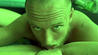 a woman in pov watches a blue-eyed white guy provide oral pleasure leading to climax