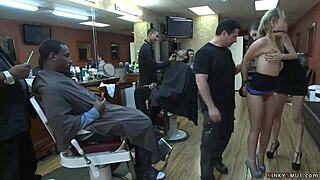 blonde gets anal fucked hard in public barbershop for humiliating domination.