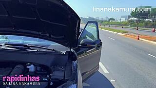 Asian cutie Lina Nakamura fucks bareback with BBC mechanic John Coffee in public!