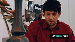 Hot brunette milf stuck under table