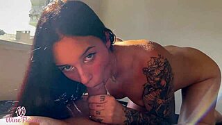 Curvy babe sucks and rides neighbor's big cock after husband leaves.