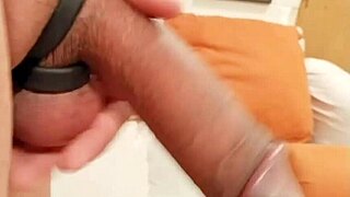 Skinny amateur uses cock rings on monster cock for intense solo masturbation with dirty talk.