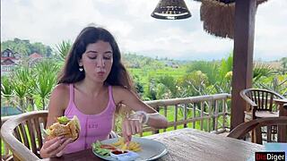 Cute Girl Eats Burger with Cum on Face Publicly