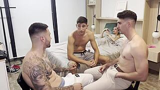 Three friends gangbang defenseless schoolgirl with rough anal double penetration. She takes big black cocks deep.