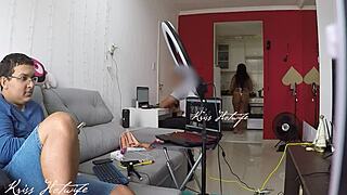 Husband's friend visits home with wife in bikini