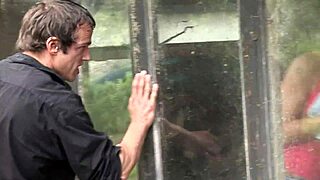 Hey, watch this brunette milf bend over in forest threesome