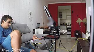 Husband's friend visits home with wife in bikini