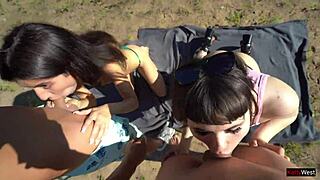 Two big-ass brunettes enjoy casual foursome sex outdoors