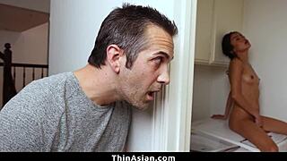 petite asian teen caught with dildo, punished hard by big cock.