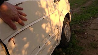 Blonde teen babe bends over after car breakdown for doggystyle.