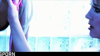 Two blonde girls enjoy sensual lesbian sex with dildo