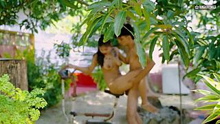 Desi yoga teacher teaches 18-year-old student outdoors