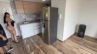 Beautiful BBW secretary Jennie in shorts fucks locksmith, but he can't afford her big natural tits and piercing