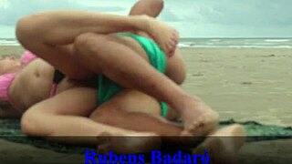 Disguised couple fucks on beach sand secretly