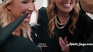 Adira Allure and friends get roughly gangbanged with huge cocks pounding their big tits and asses!