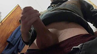 Young skinny girl masturbates big cock in bathroom while rain falls.