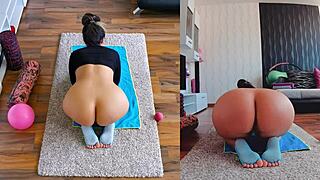 Two MILFs engage in a steamy naked yoga workout on dual cam