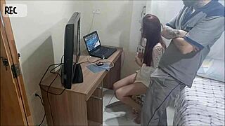 Redhead in uniform gets cum on ass from voyeur sex