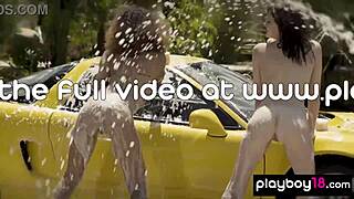 Feel the joy as ebony milf misty stone and her nude teen girlfriends wash the car in bubbles
