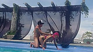 Watch your cousin's big latina ass at the outdoor pool without swimsuit! What happens?