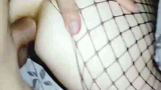 Passionate wife in stockings bends over for close-up anal doggystyle at home.