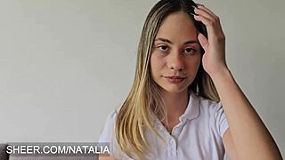 petite schoolgirl shows photos to stepfather to excite him, leading to doggystyle riding and cumshot in pov