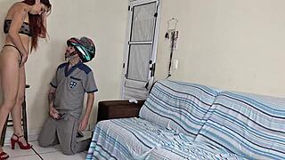 husband sends wife to get delivery from motoboy in just panties, so hot