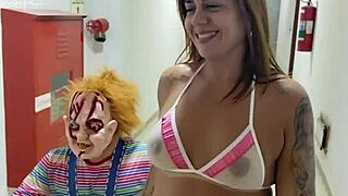 I found Chuck at the carnival block and we went home to finish the party with little dwarf, including foreplay, blowjob, and more