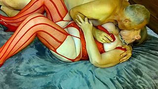 Granny Carmen in Red Gets Black Dildo and Cum