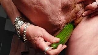 Grandma’s hairy pussy slammed with cucumber, I’m stunned!