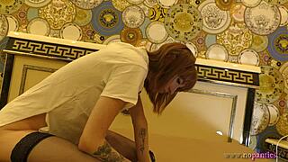 hot tight pussy skinny redhead braless and no panties on the bed gets bored and ignored in black stockings