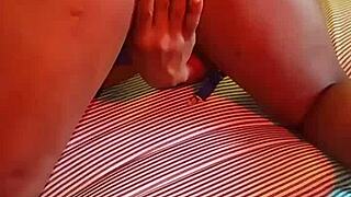 Heading to bed in blue lingerie for some self-touching