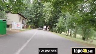 Hot brunette girlfriend turns slut for cash while boyfriend watches in public.