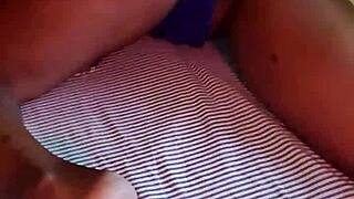 Heading to bed in blue lingerie for some self-touching