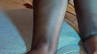 Heading to bed in blue lingerie for some self-touching